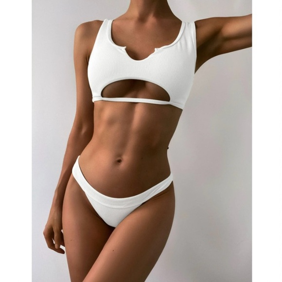 Zaful Ribbed Bikini Cutout & High Leg Bikini Set White Size 6 Medium - Picture 1 of 13